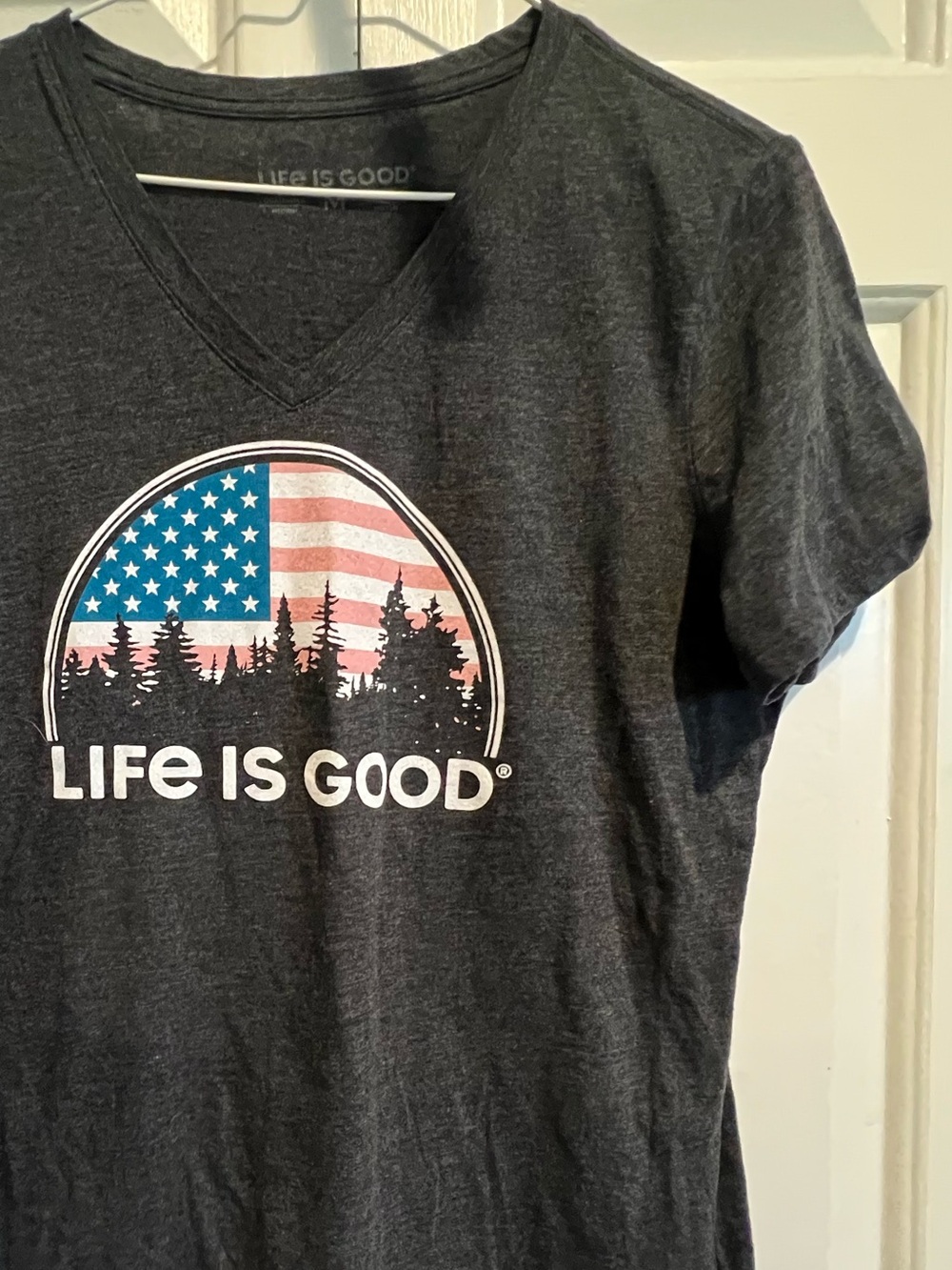Life Is Good🩶Charcoal V-Neck Tee with American Flag Tree Circle